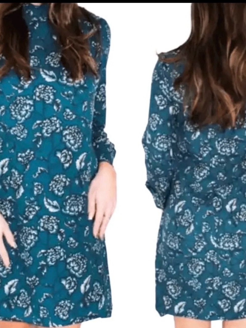 Banana Republic Teal Floral Long-Sleeve Shift Dress-EUC Size 2